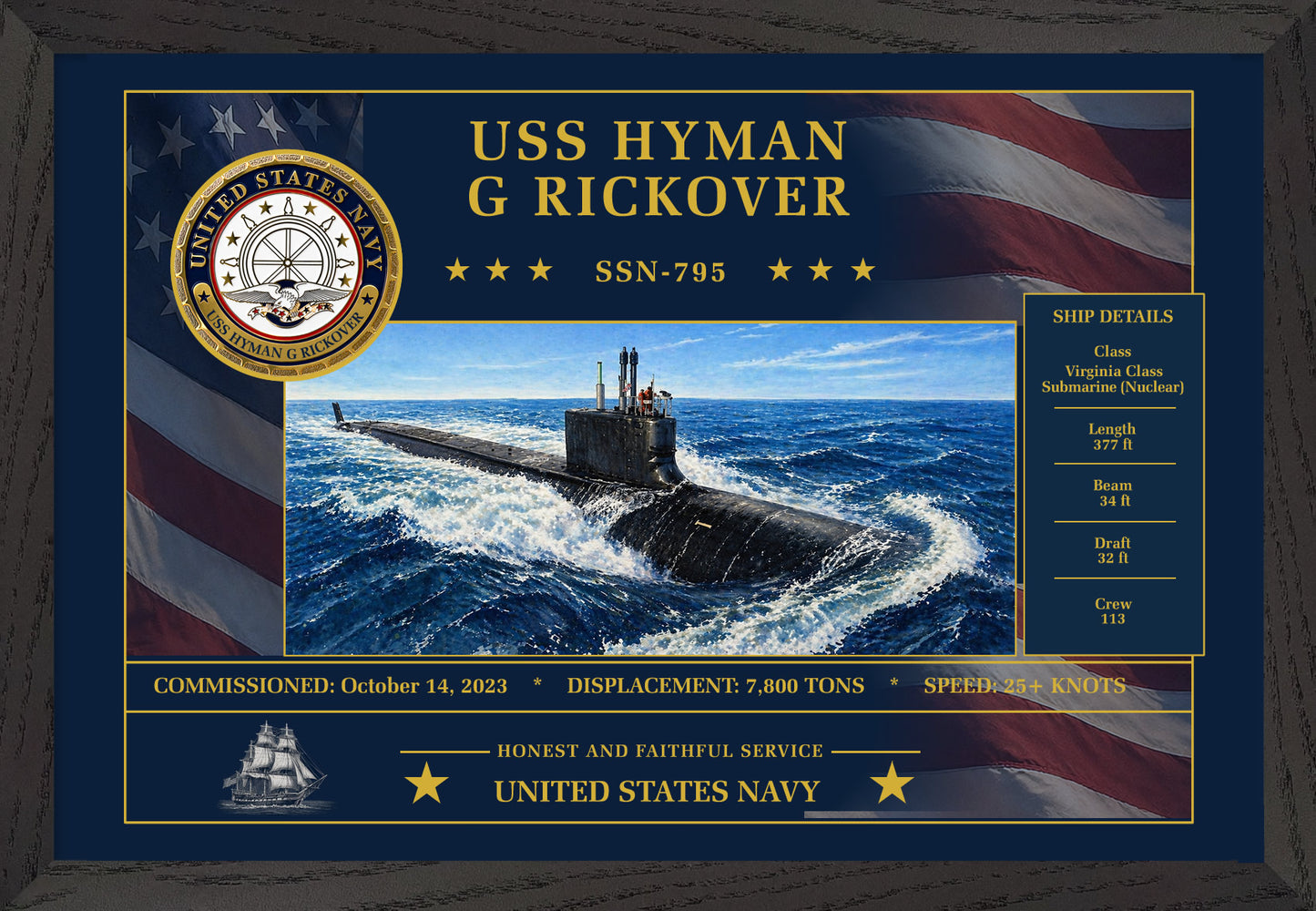 USS Hyman G Rickover SSN-795 Framed Patriotic Art