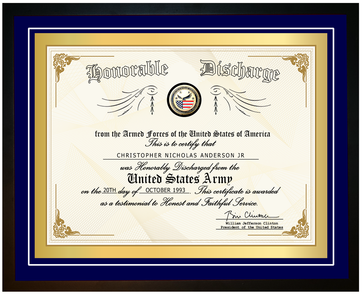 United States Army Honorable Discharge Certificate on Canvas