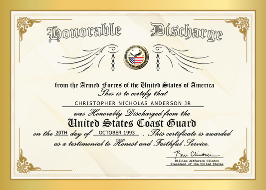 United States Coast Guard (USCG) Honorable Discharge Certificate on Canvas