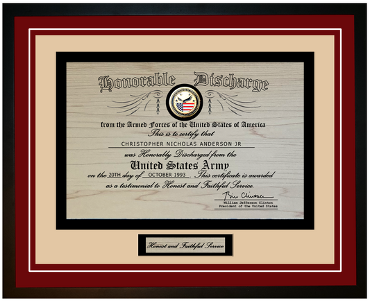United States Army Engraved Honorable Discharge Certificate