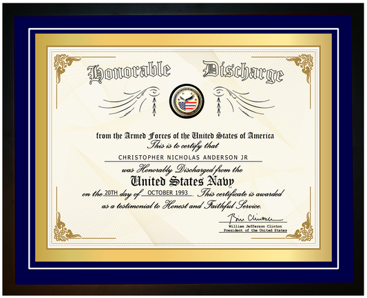 Engraved and Framed Navy Honorable Discharge Certificate