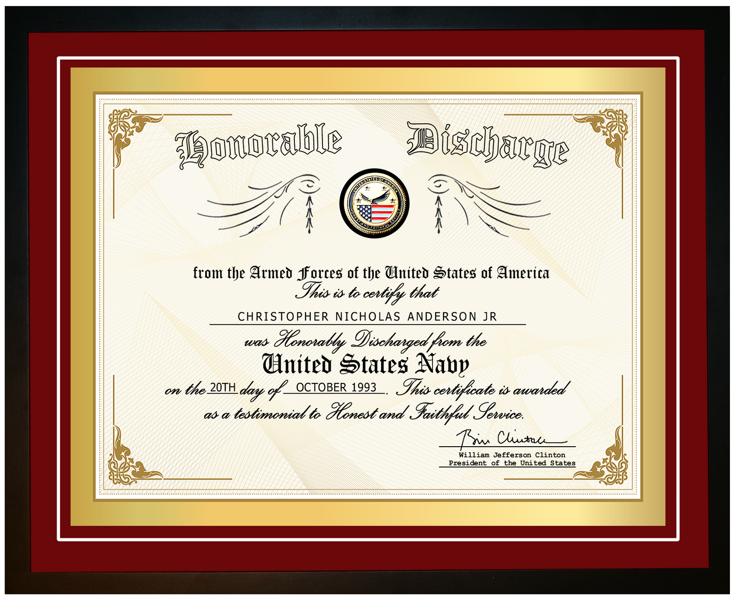 United States Navy Honorable Discharge Certificate on Canvas