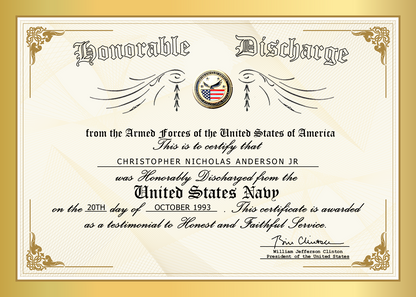 United States Navy Honorable Discharge Certificate on Canvas