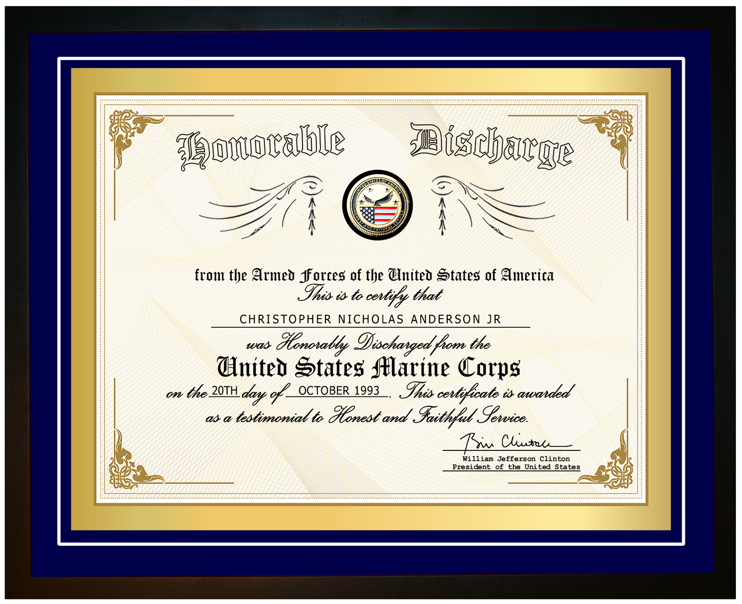 United States Marine Corps (USMC) Honorable Discharge Certificate on Canvas
