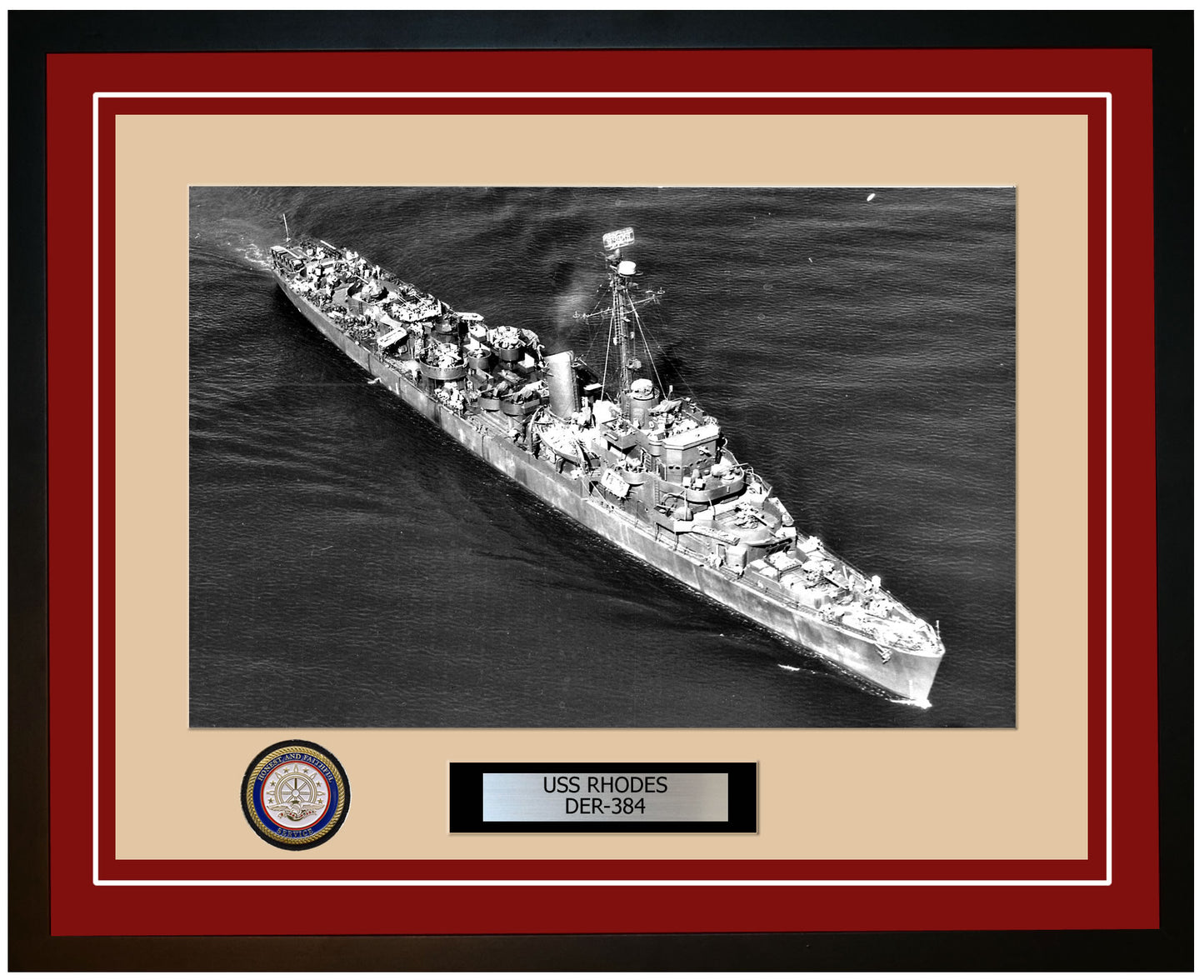 USS Rhodes DER-384 Framed Navy Ship Photo Burgundy