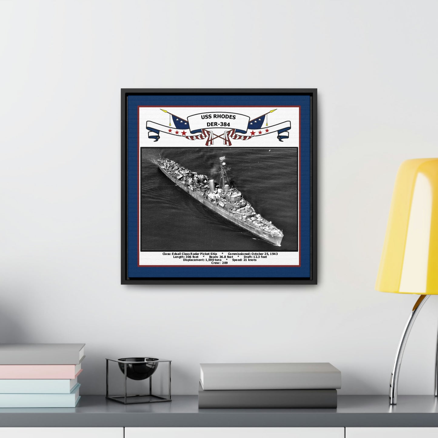 USS Rhodes DER-384 Navy Floating Frame Photo Desk View