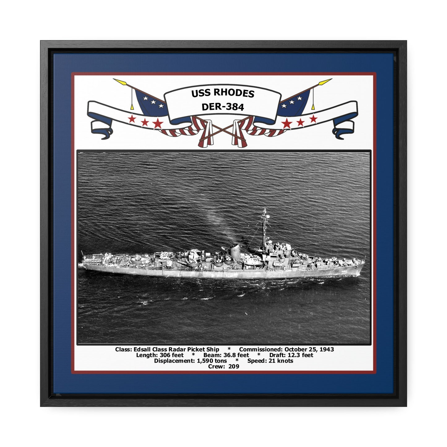 USS Rhodes DER-384 Navy Floating Frame Photo Front View