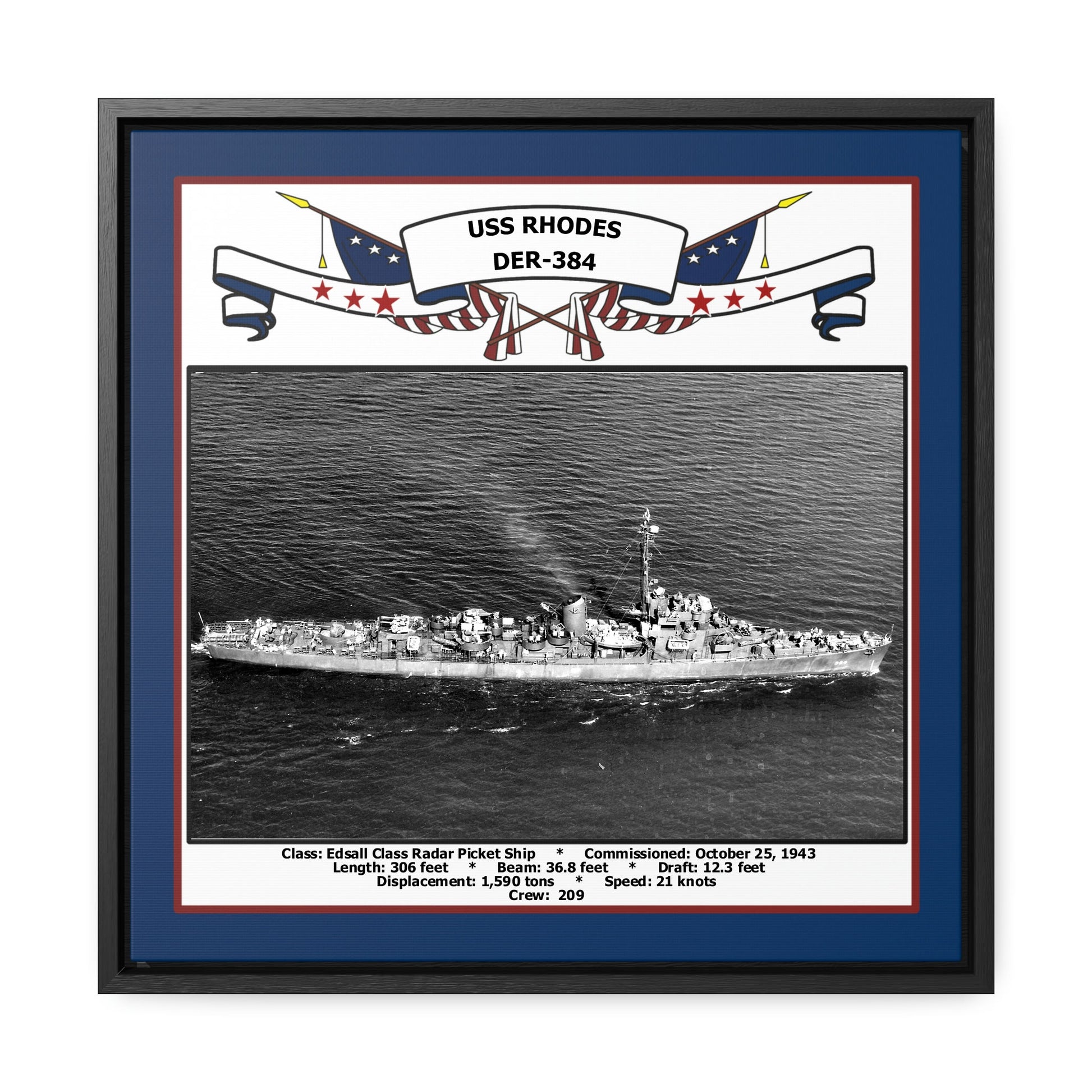 USS Rhodes DER-384 Navy Floating Frame Photo Front View