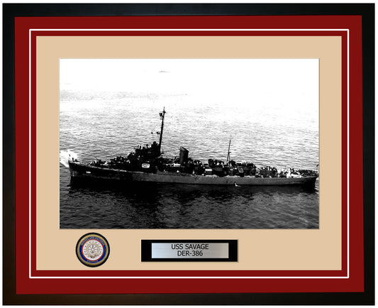USS Savage DER-386 Framed Navy Ship Photo Burgundy