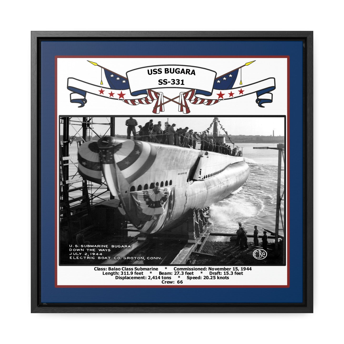 USS Bugara SS-331 Navy Floating Frame Photo Front View