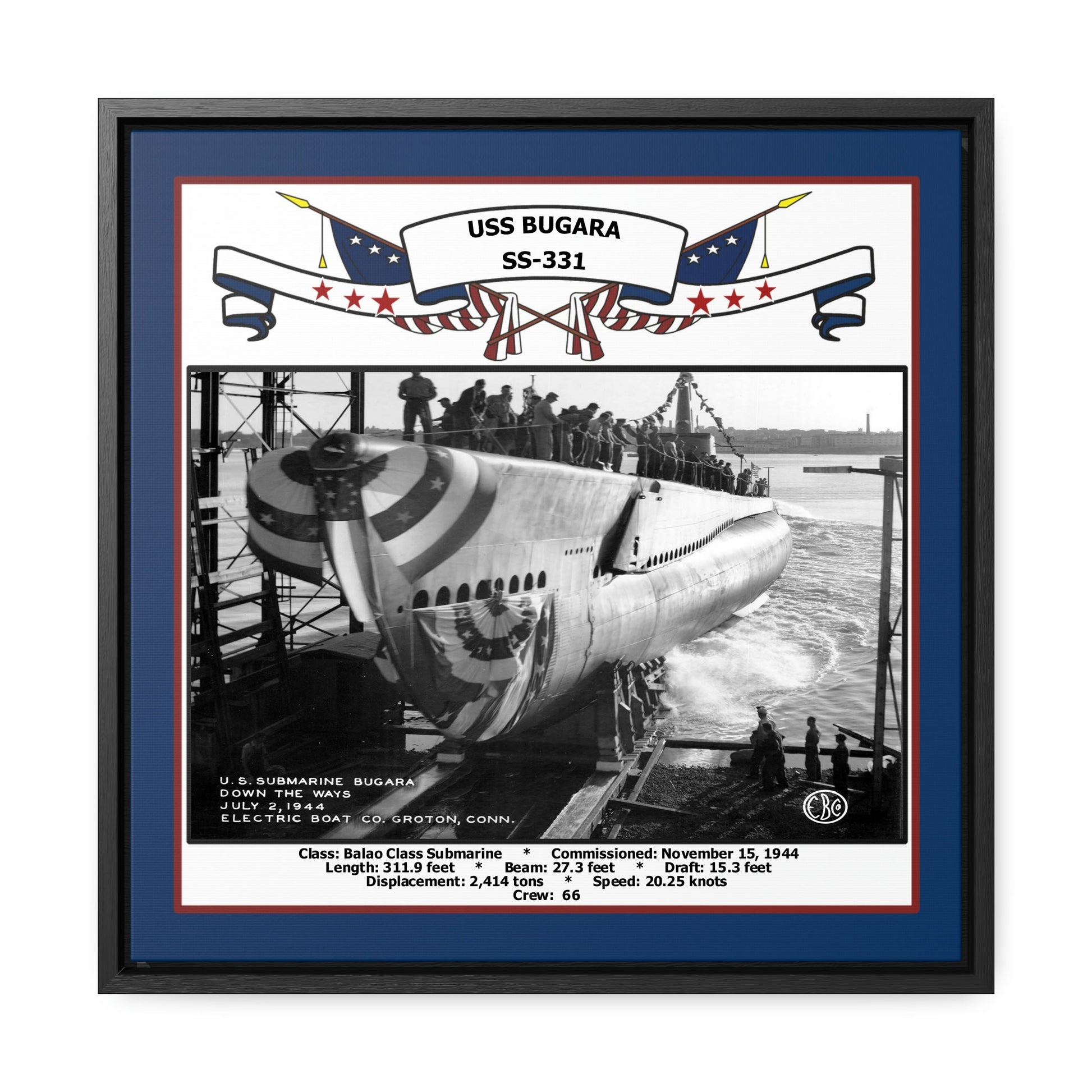 USS Bugara SS-331 Navy Floating Frame Photo Front View