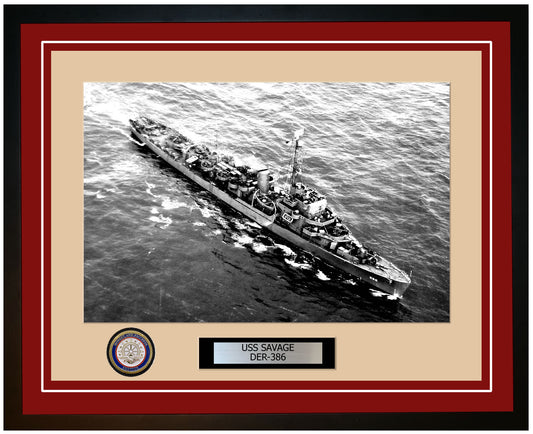 USS Savage DER-386 Framed Navy Ship Photo Burgundy