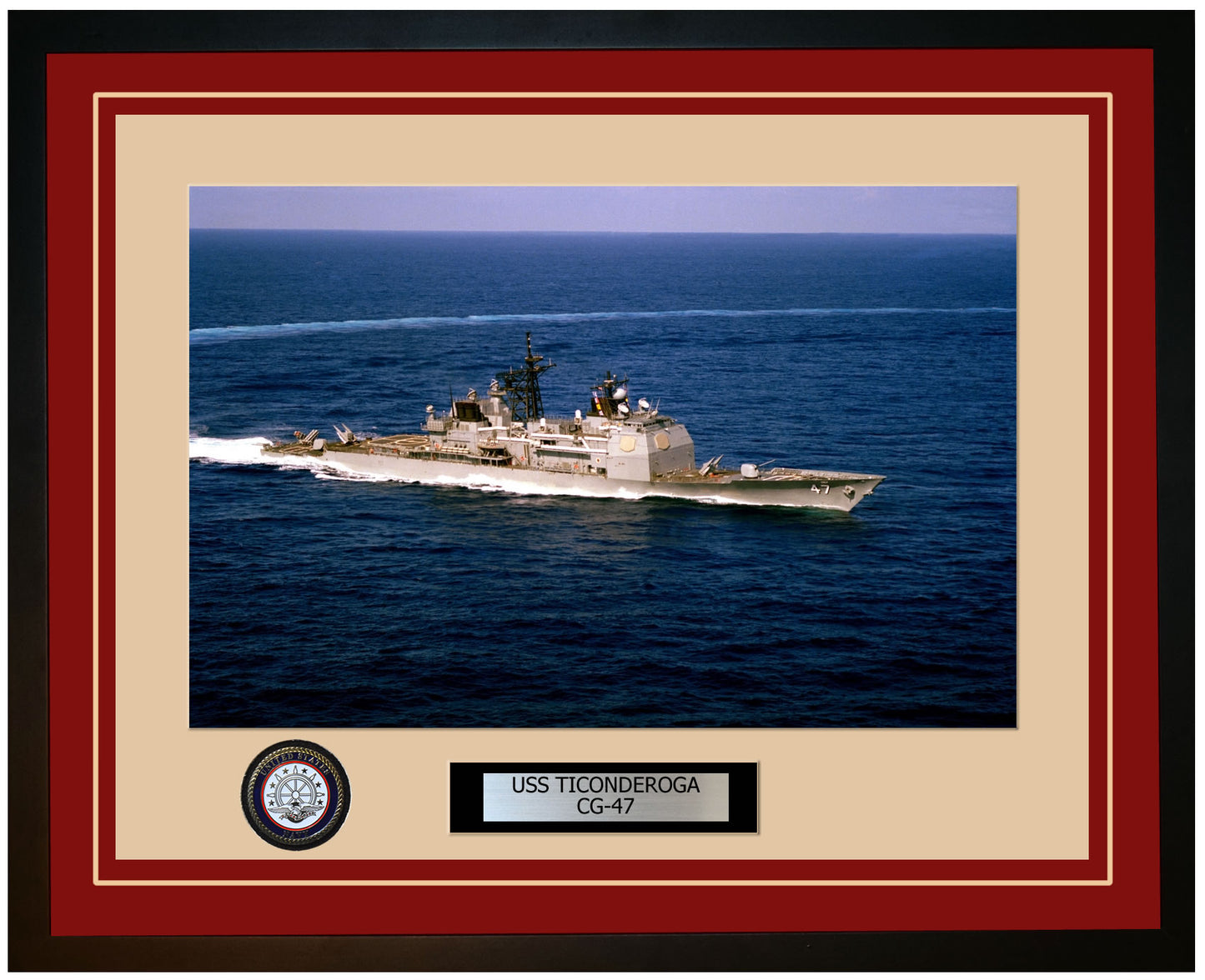 USS TICONDEROGA CG-47 Framed Navy Ship Photo Burgundy