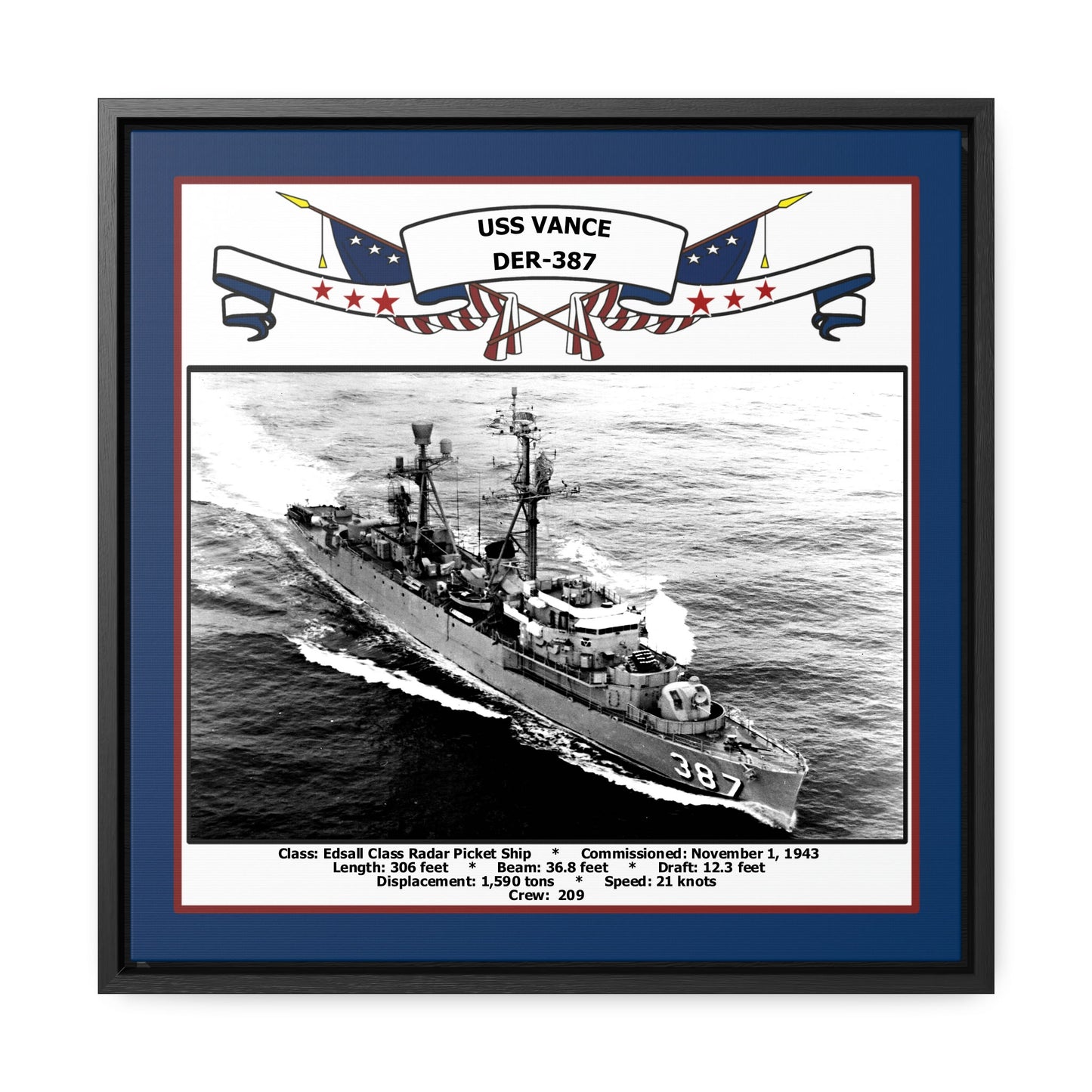 USS Vance DER-387 Navy Floating Frame Photo Front View