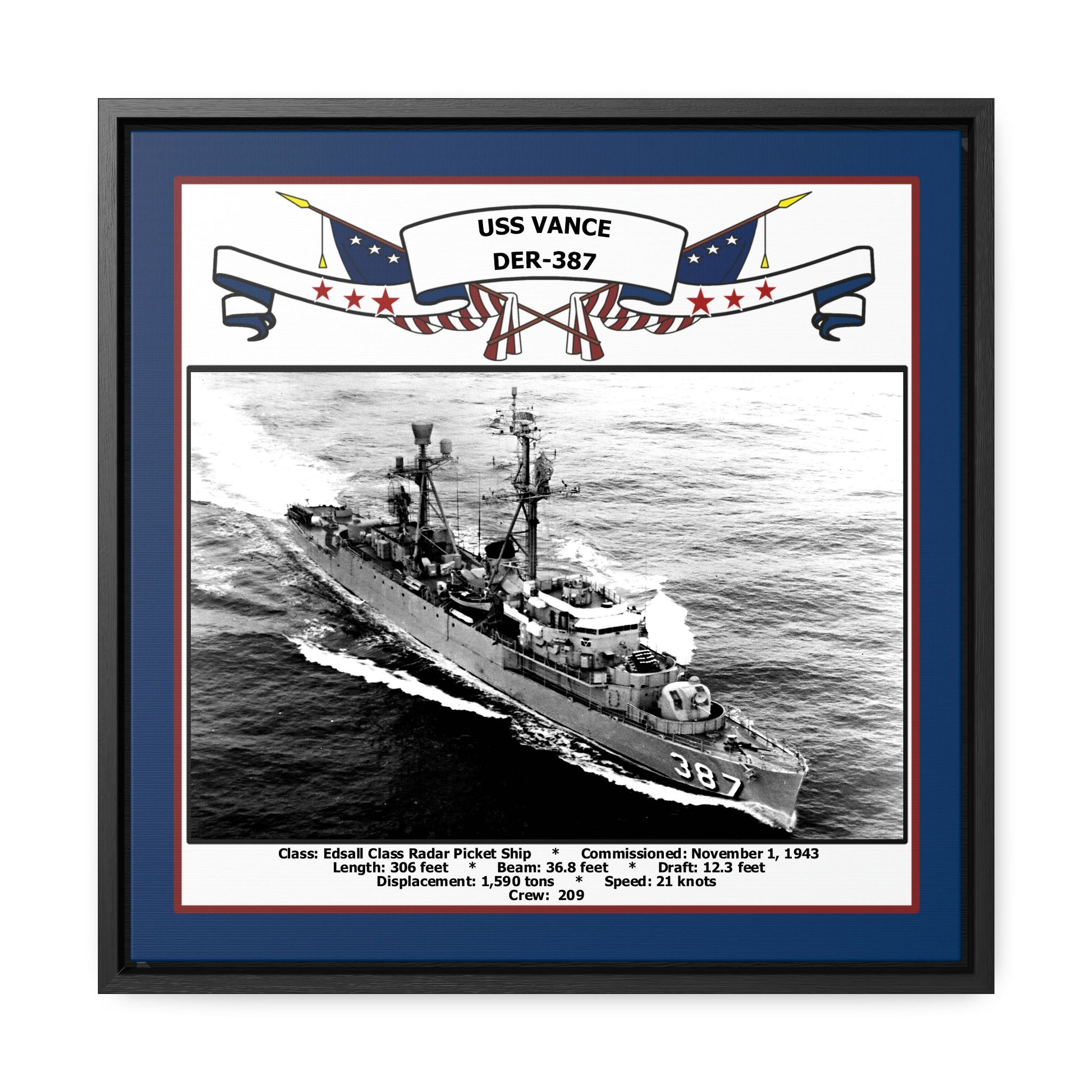 USS Vance DER-387 Navy Floating Frame Photo Front View