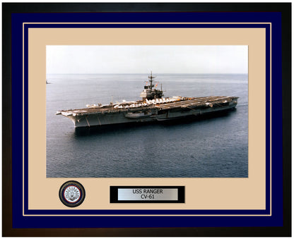USS RANGER CV-61 Framed Navy Ship Photo Blue