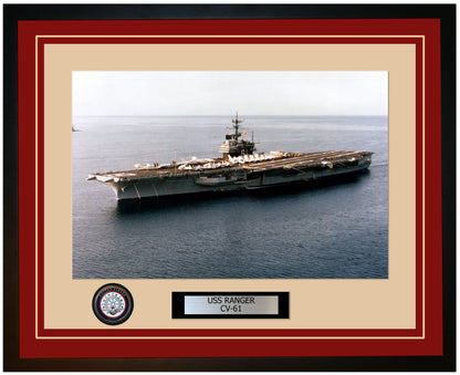 USS RANGER CV-61 Framed Navy Ship Photo Burgundy