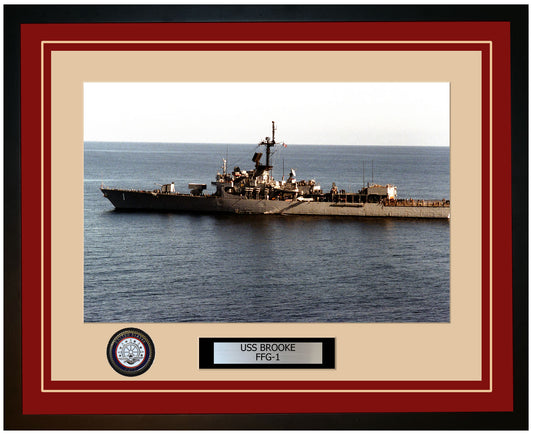 USS BROOKE FFG-1 Framed Navy Ship Photo Burgundy