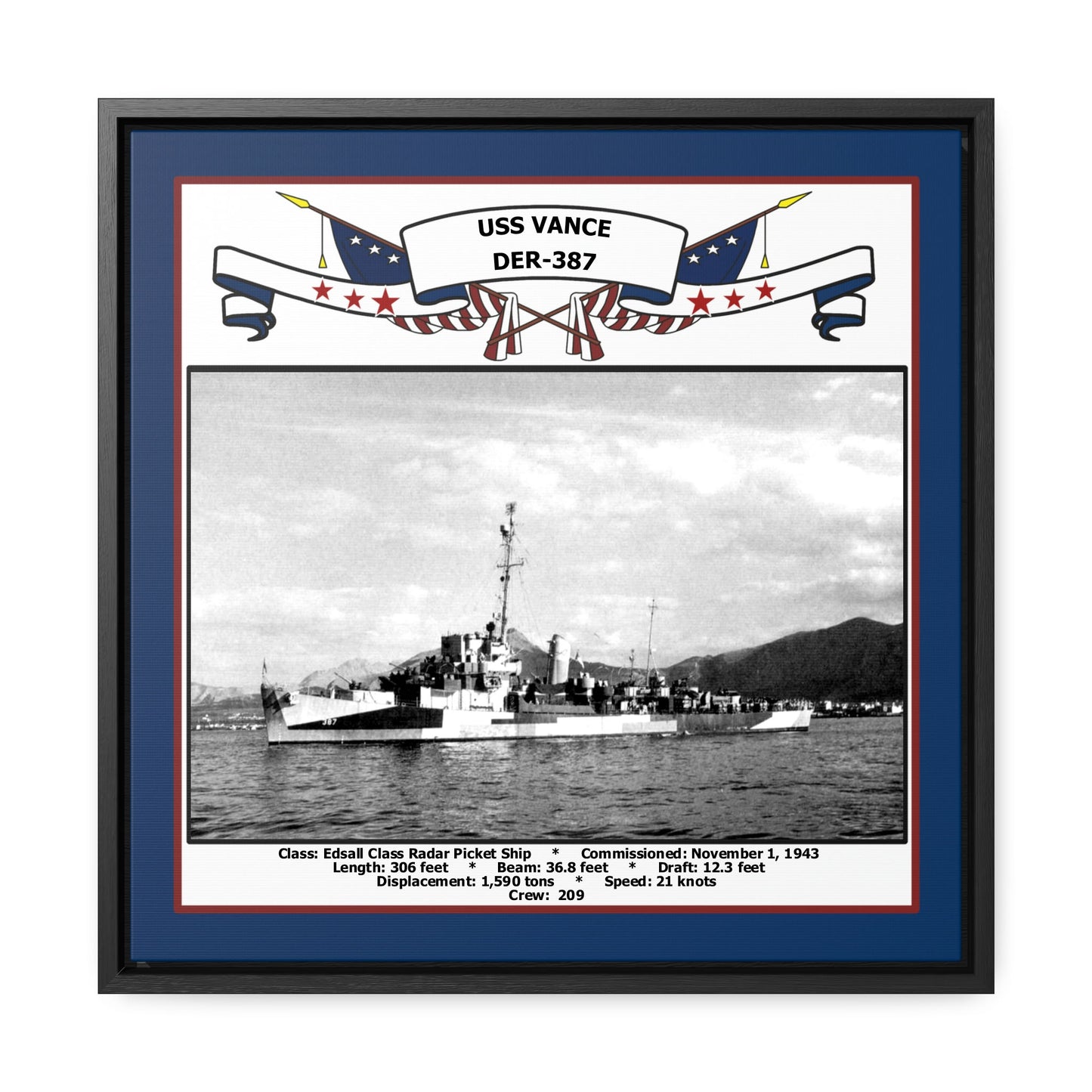 USS Vance DER-387 Navy Floating Frame Photo Front View