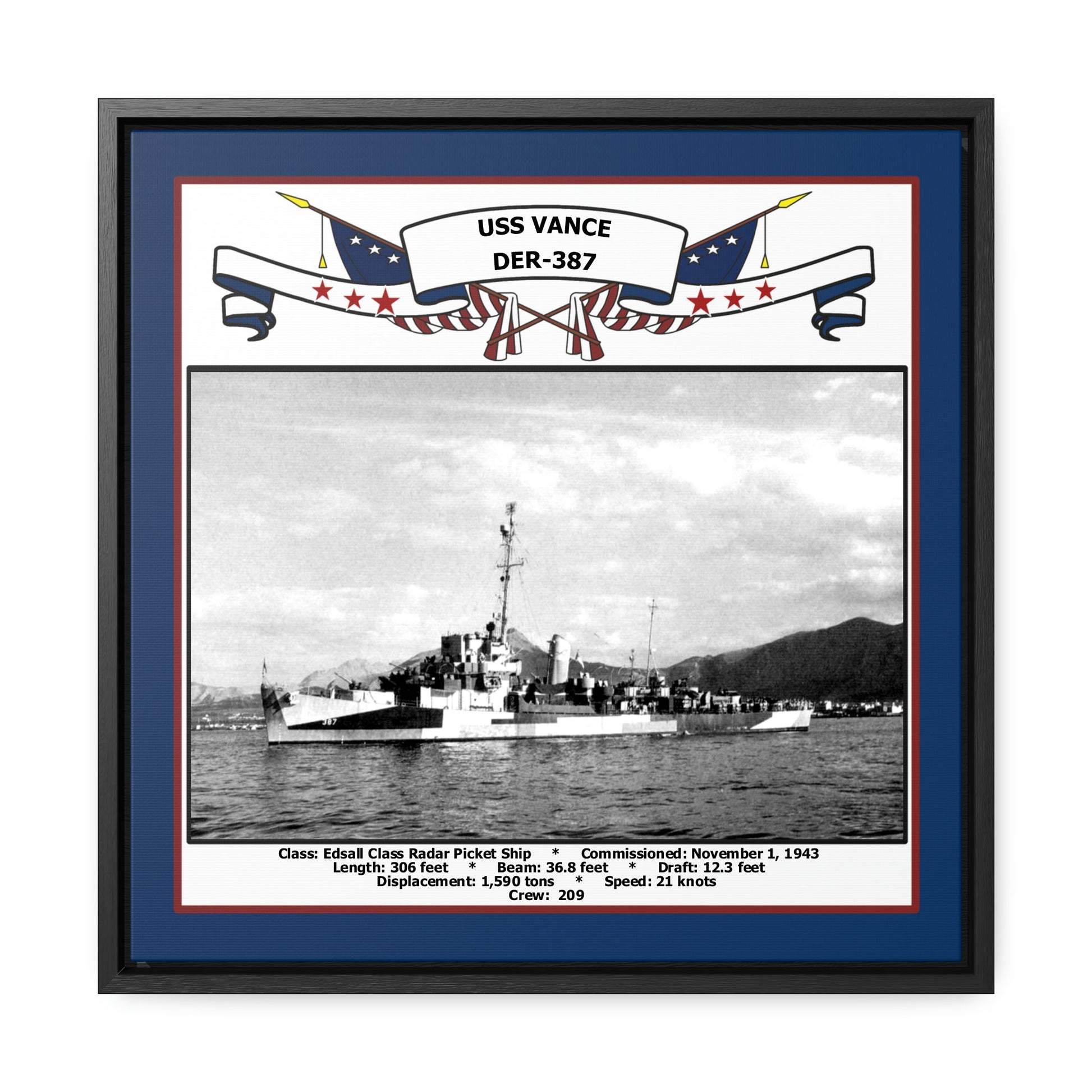 USS Vance DER-387 Navy Floating Frame Photo Front View