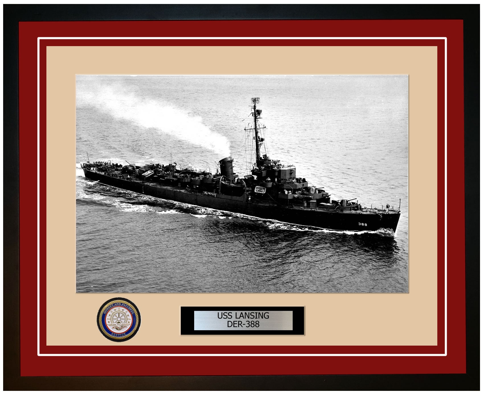 USS Lansing DER-388 Framed Navy Ship Photo Burgundy