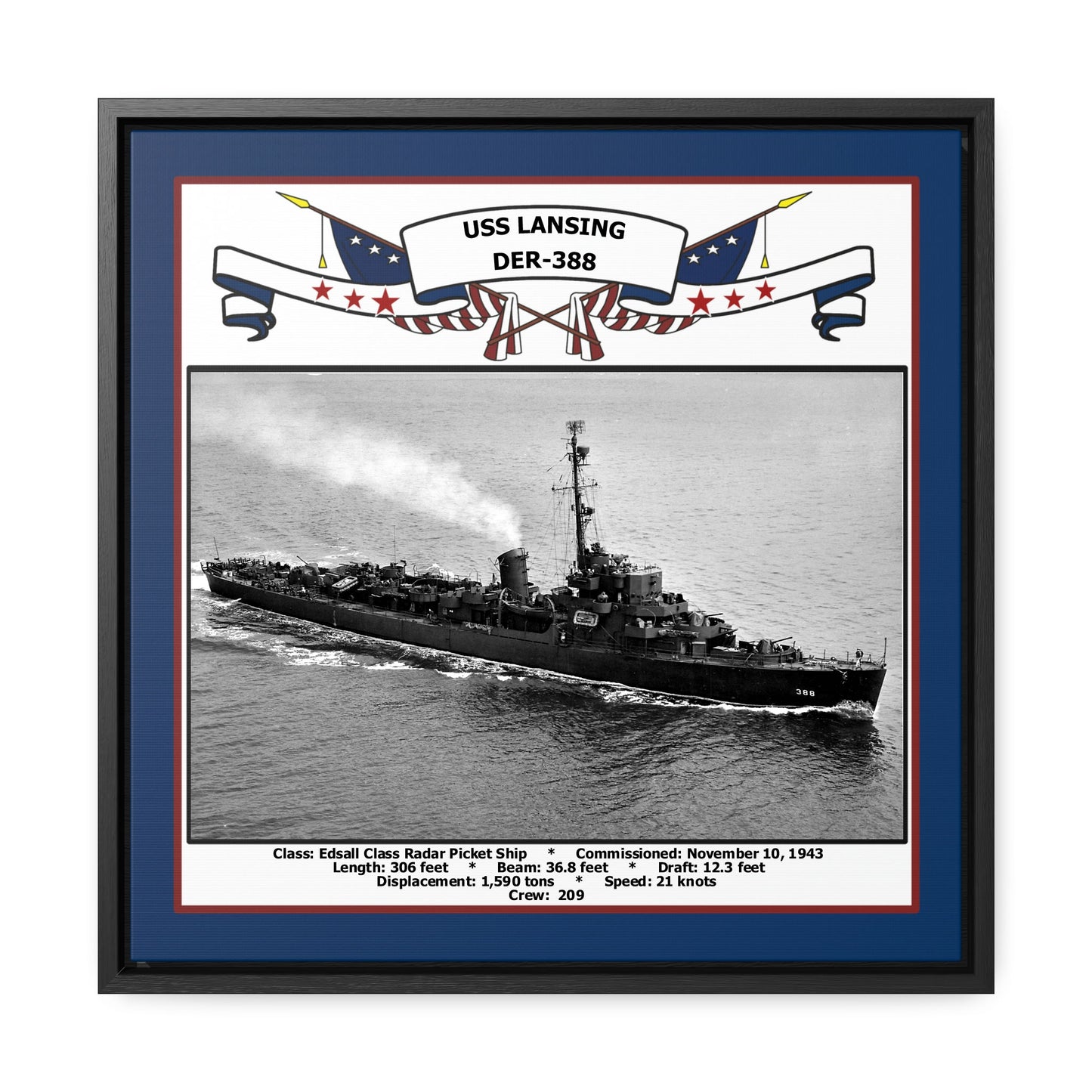 USS Lansing DER-388 Navy Floating Frame Photo Front View