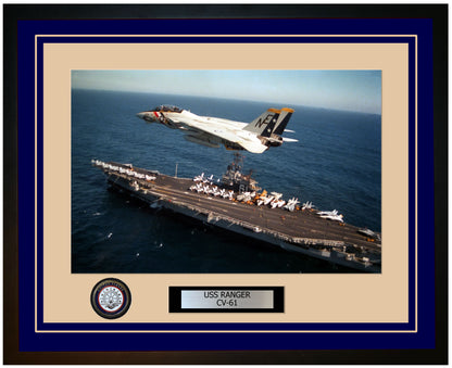 USS RANGER CV-61 Framed Navy Ship Photo Blue