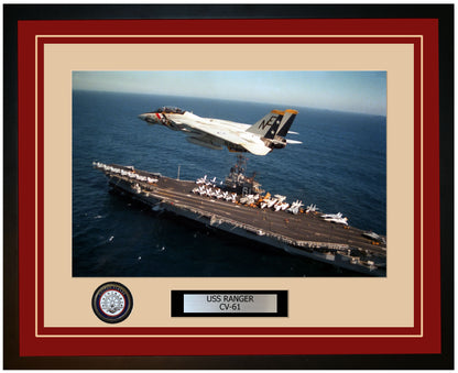 USS RANGER CV-61 Framed Navy Ship Photo Burgundy