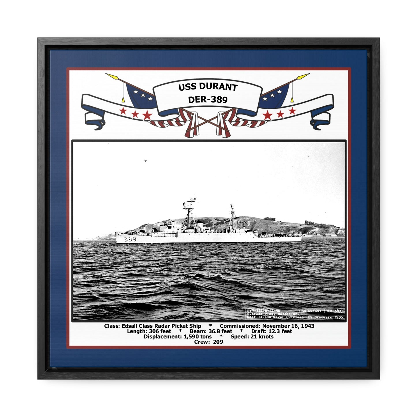 USS Durant DER-389 Navy Floating Frame Photo Front View