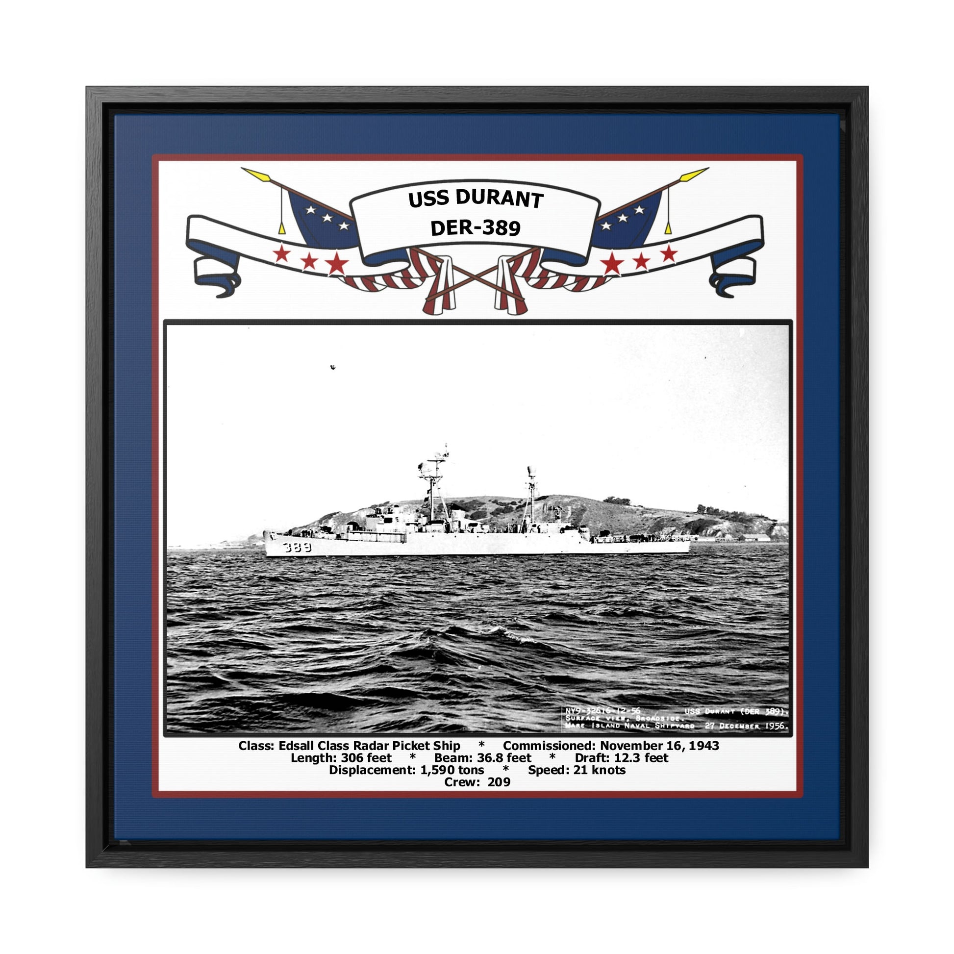 USS Durant DER-389 Navy Floating Frame Photo Front View