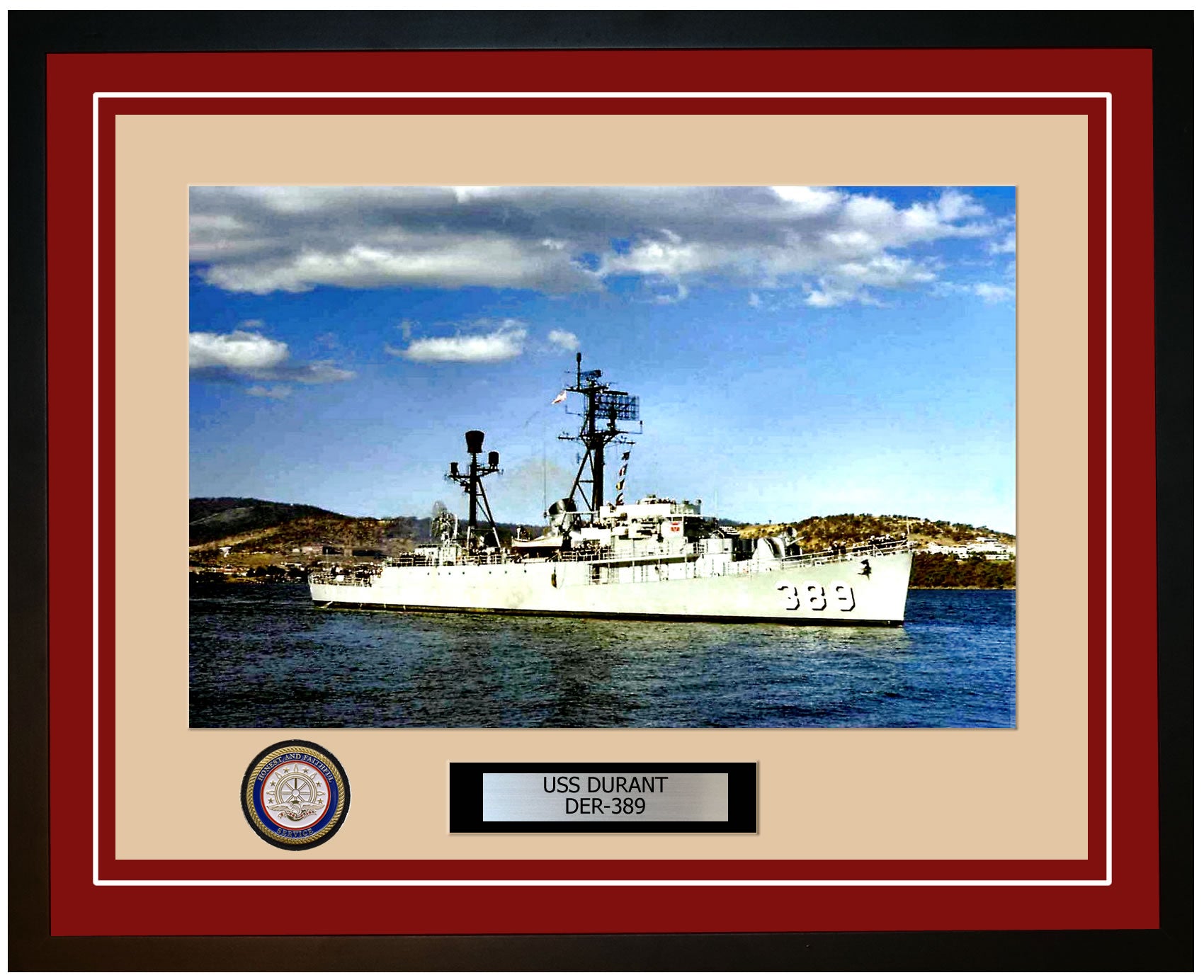 USS Durant DER-389 Framed Navy Ship Photo Burgundy