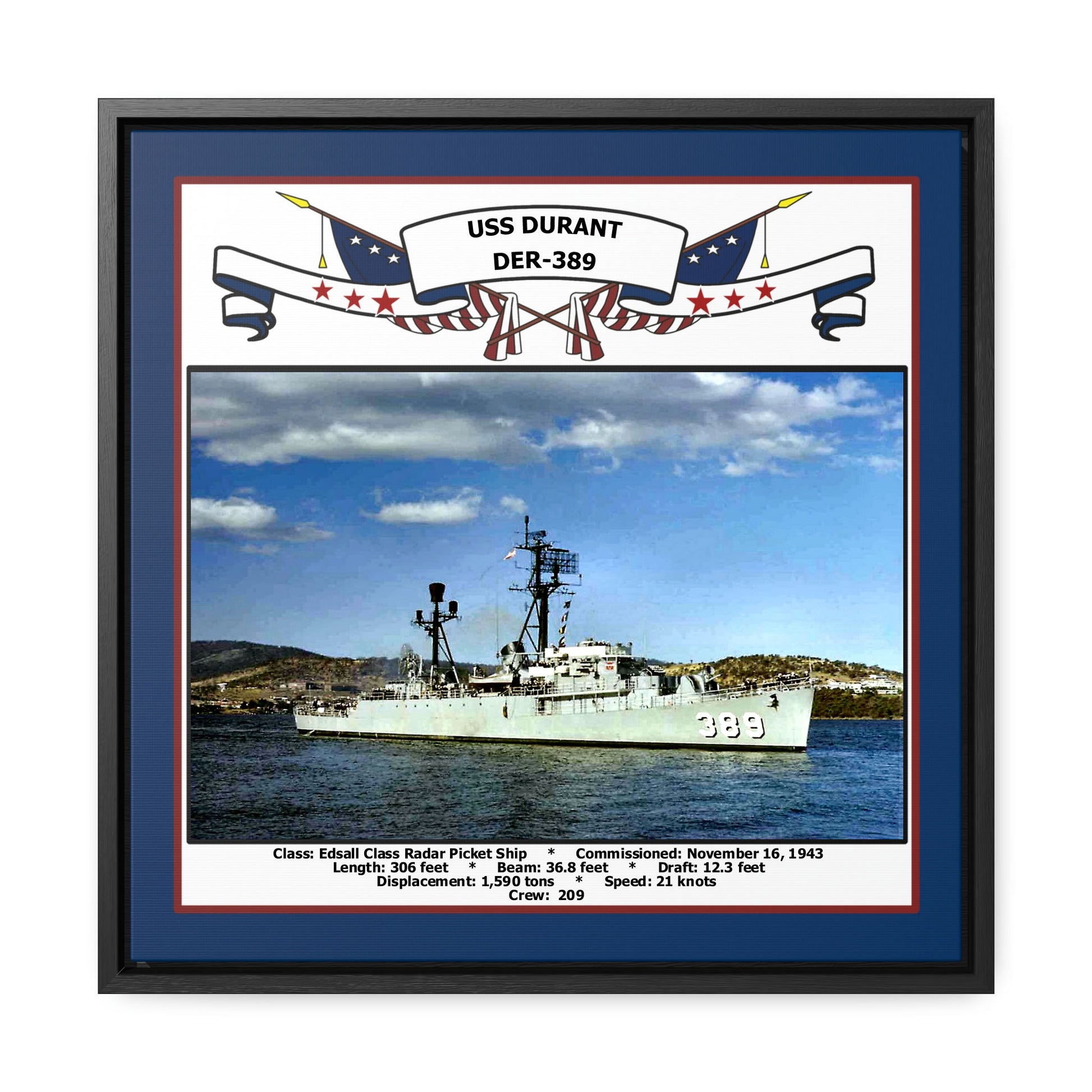 USS Durant DER-389 Navy Floating Frame Photo Front View