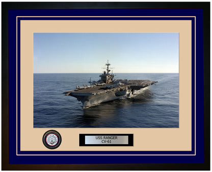 USS RANGER CV-61 Framed Navy Ship Photo Blue
