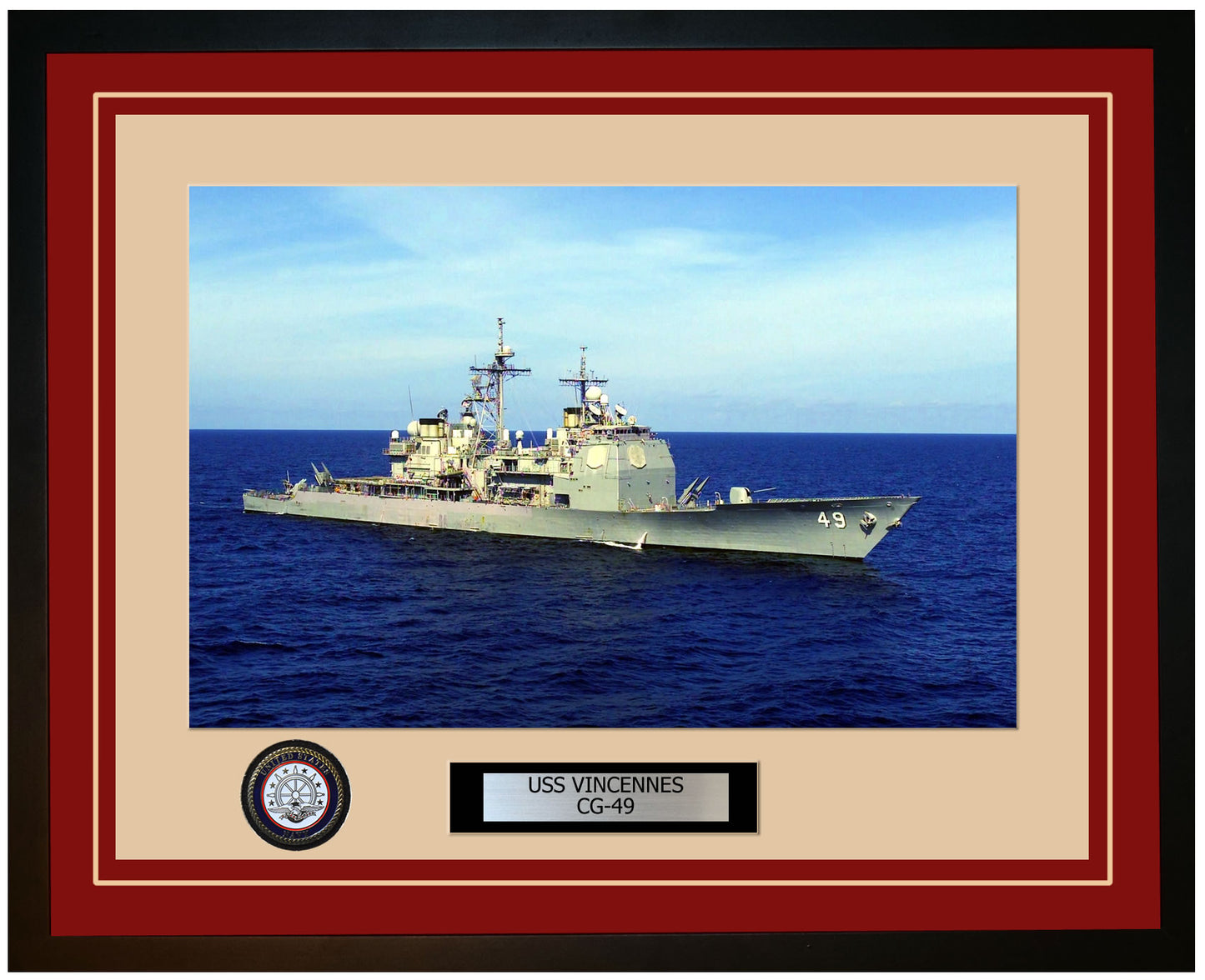 USS VINCENNES CG-49 Framed Navy Ship Photo Burgundy