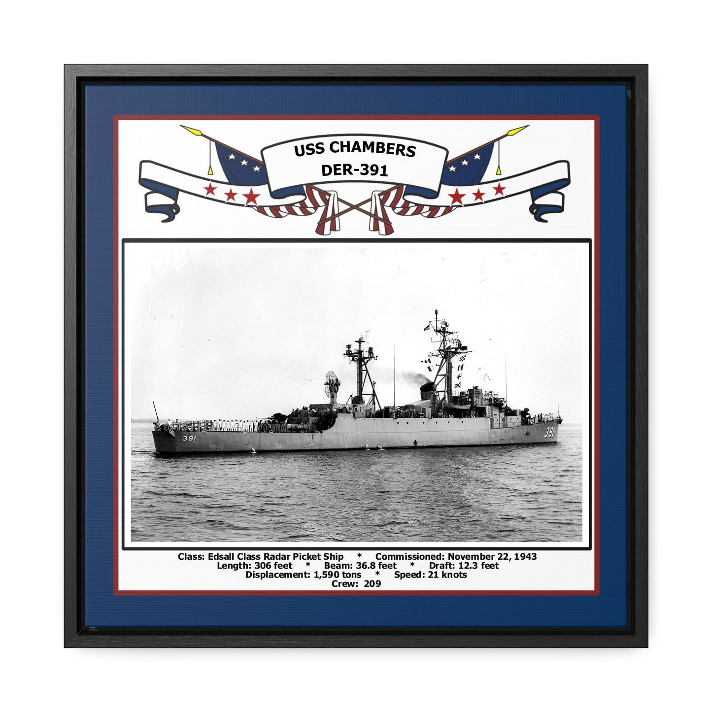 USS Chambers DER-391 Navy Floating Frame Photo Front View