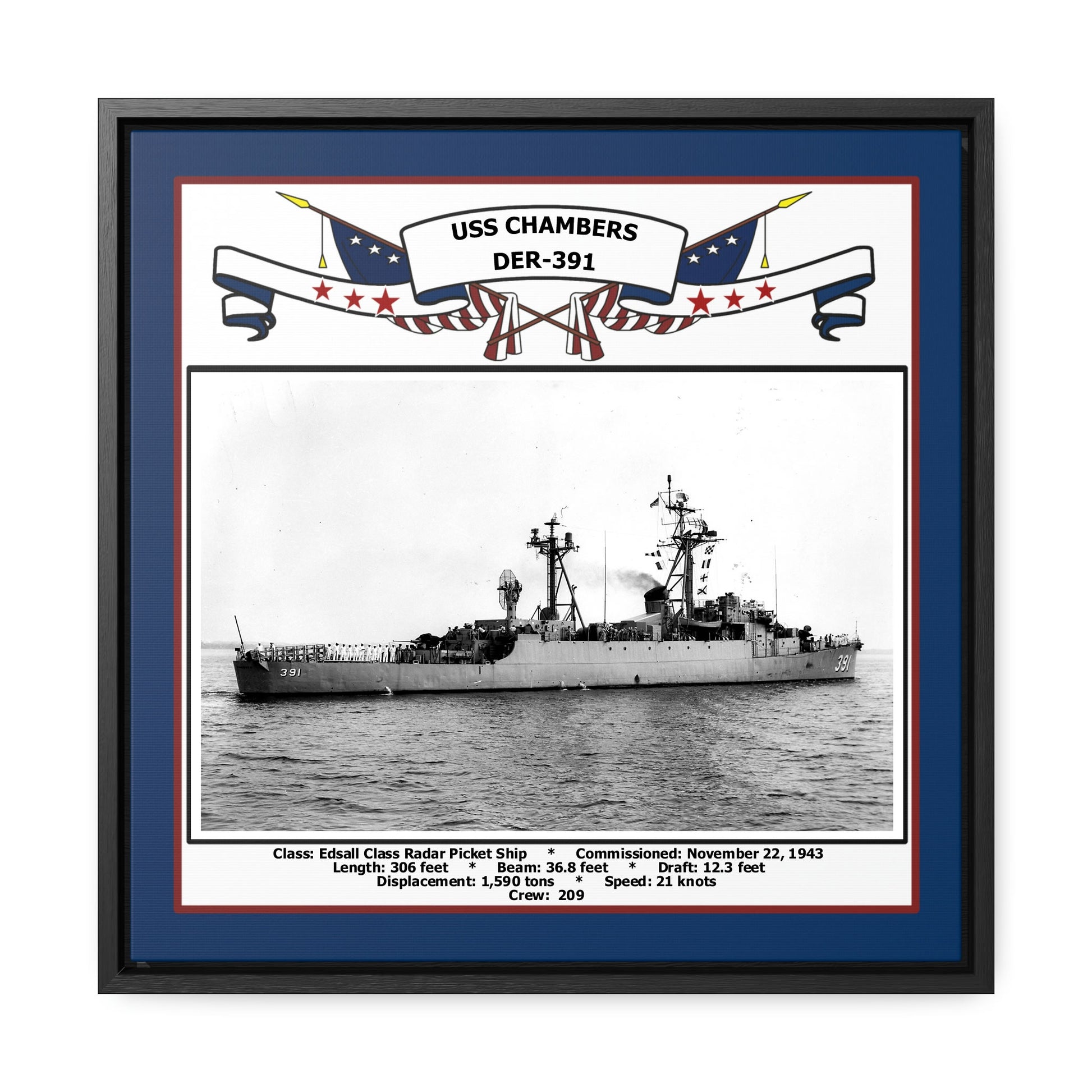 USS Chambers DER-391 Navy Floating Frame Photo Front View