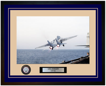 USS RANGER CV-61 Framed Navy Ship Photo Blue