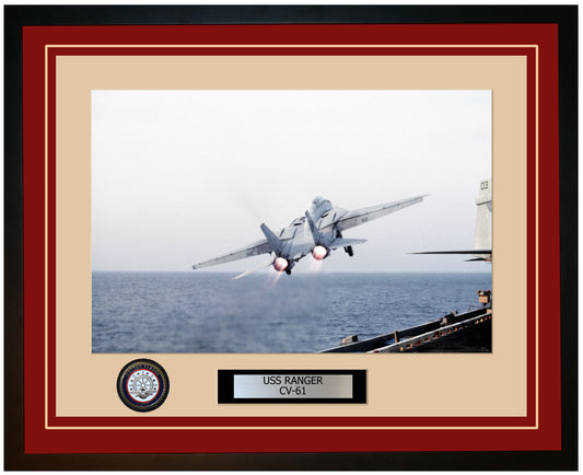 USS RANGER CV-61 Framed Navy Ship Photo Burgundy