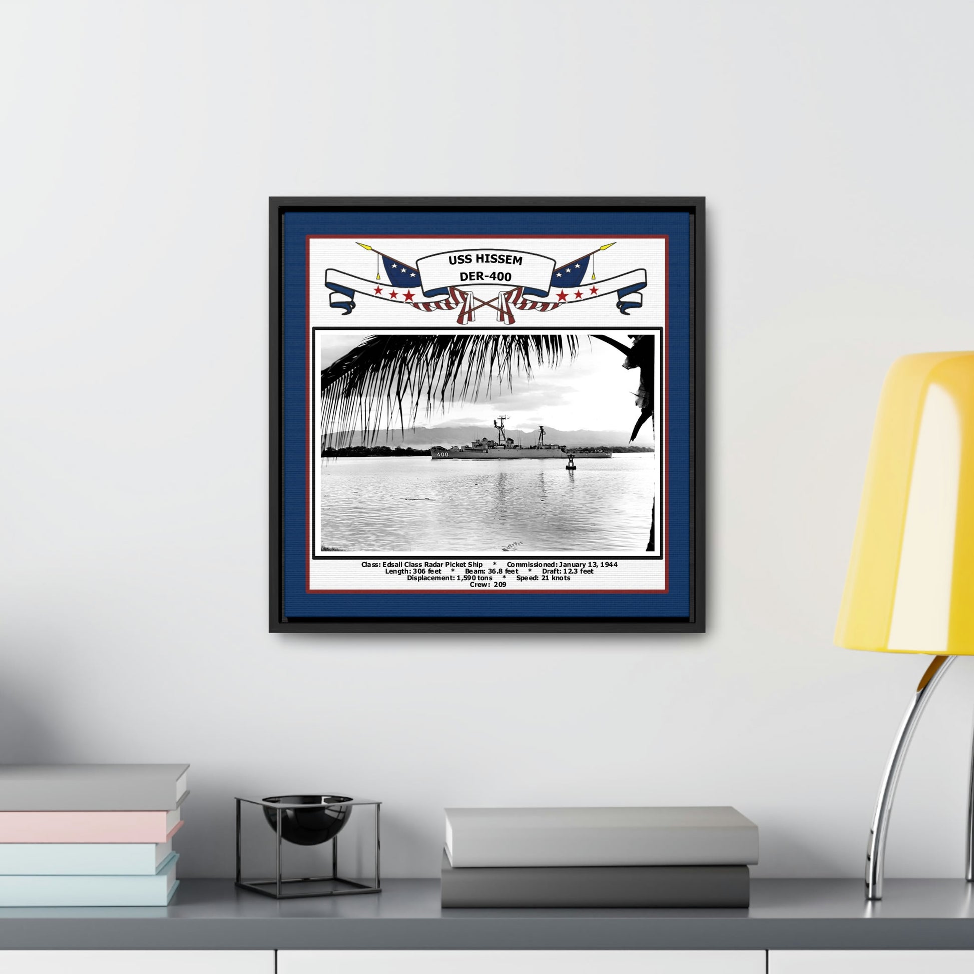 USS Hissem DER-400 Navy Floating Frame Photo Desk View