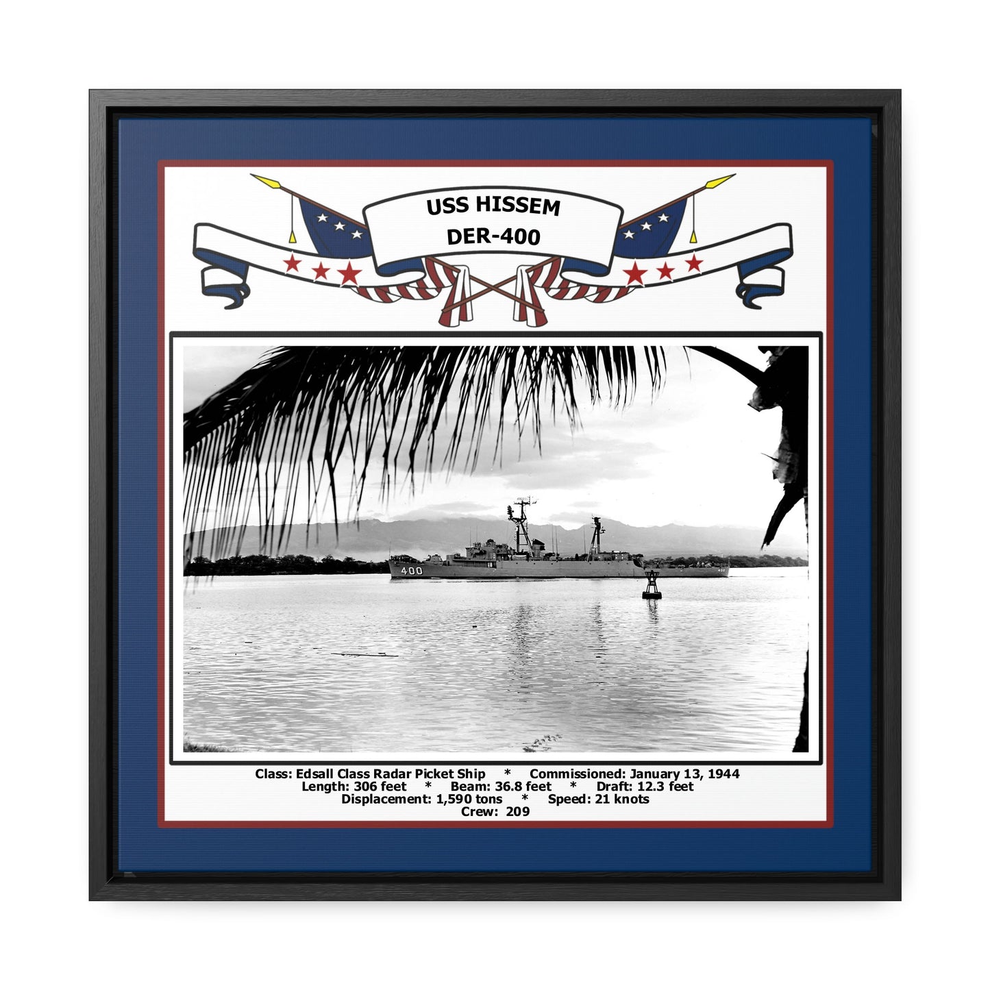 USS Hissem DER-400 Navy Floating Frame Photo Front View