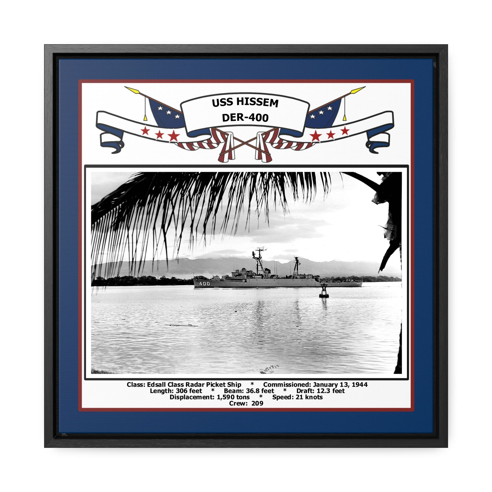USS Hissem DER-400 Navy Floating Frame Photo Front View