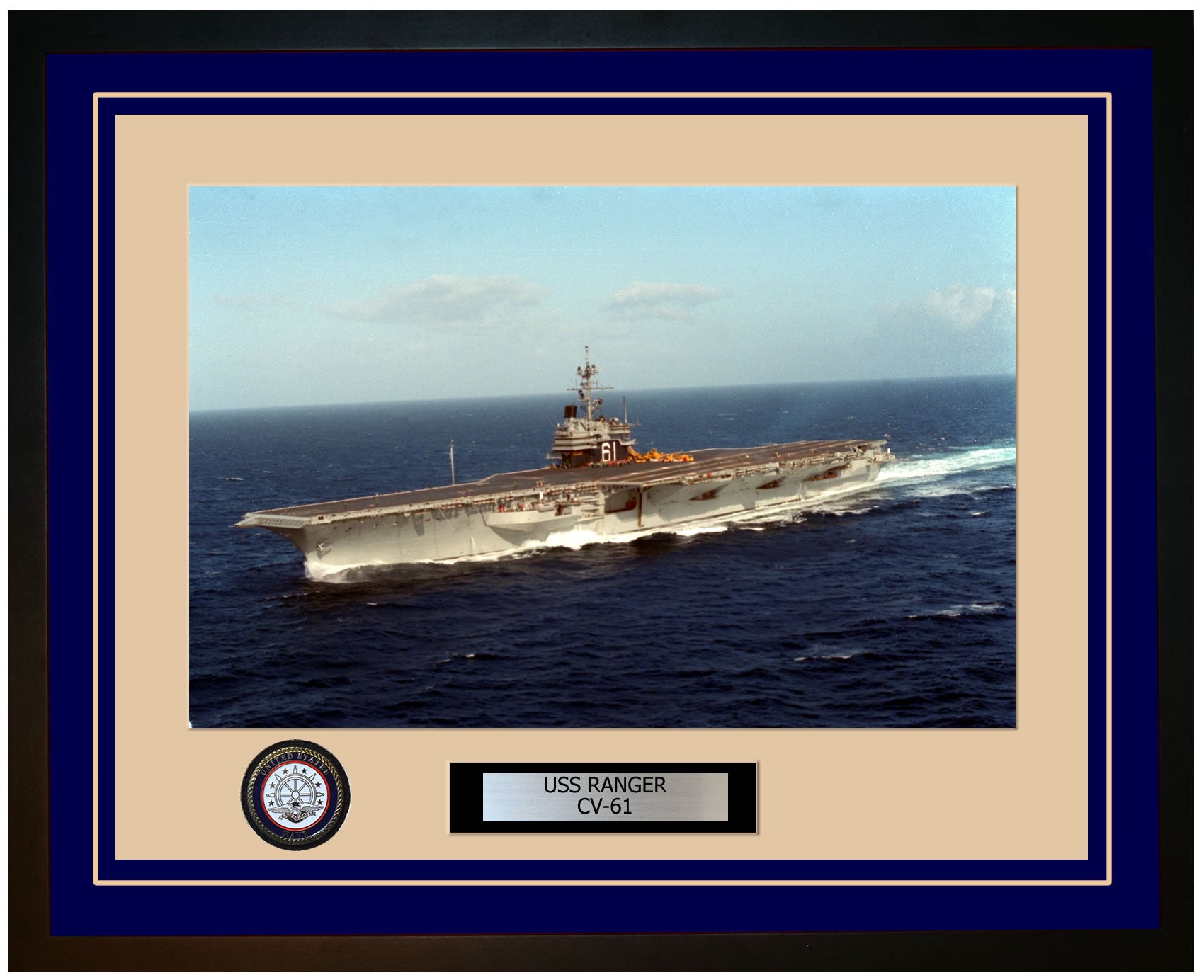 USS RANGER CV-61 Framed Navy Ship Photo Blue