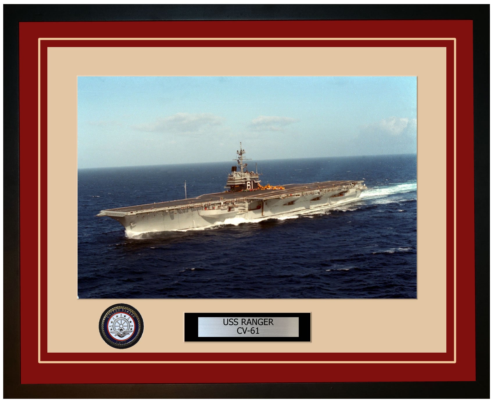 USS RANGER CV-61 Framed Navy Ship Photo Burgundy