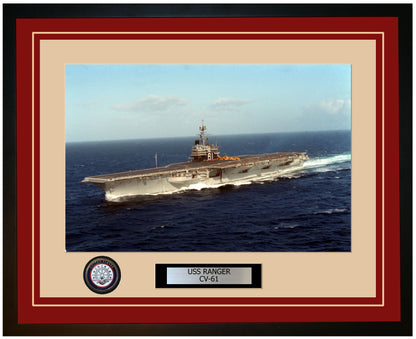 USS RANGER CV-61 Framed Navy Ship Photo Burgundy