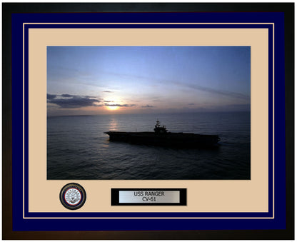 USS RANGER CV-61 Framed Navy Ship Photo Blue