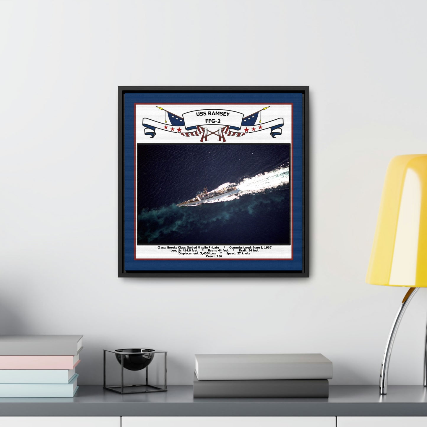 USS Ramsey FFG-2 Navy Floating Frame Photo Desk View