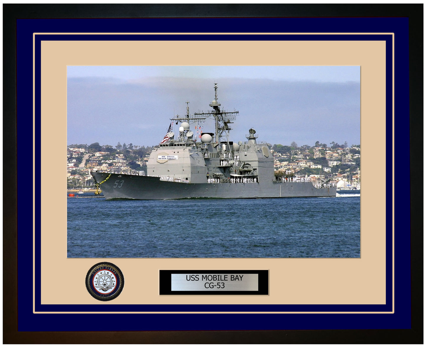 USS MOBILE BAY CG-53 Framed Navy Ship Photo Blue