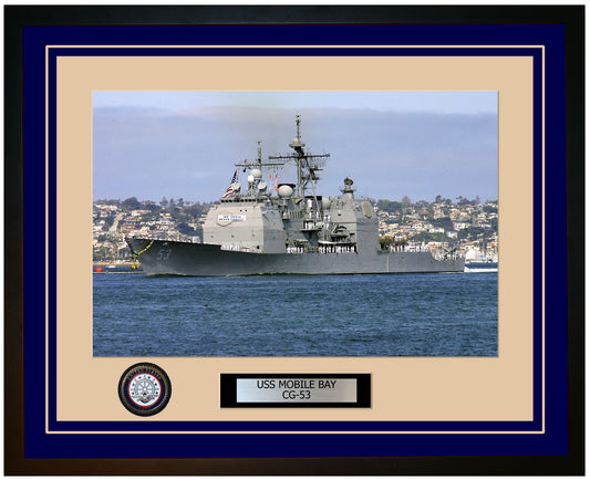USS MOBILE BAY CG-53 Framed Navy Ship Photo Blue