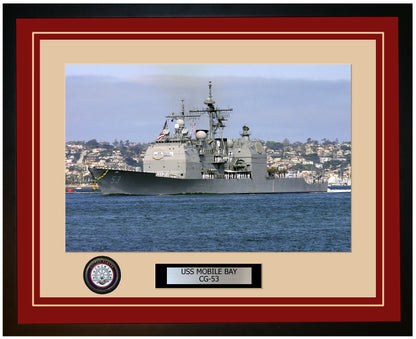 USS MOBILE BAY CG-53 Framed Navy Ship Photo Burgundy