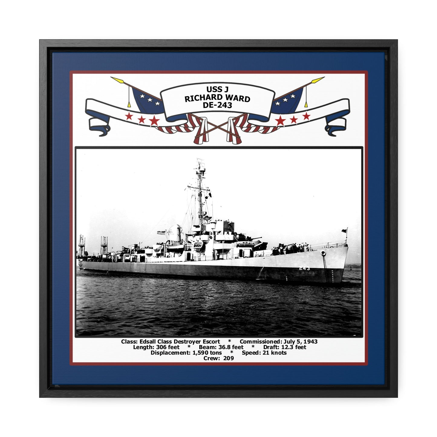 USS J Richard Ward DE-243 Navy Floating Frame Photo Front View